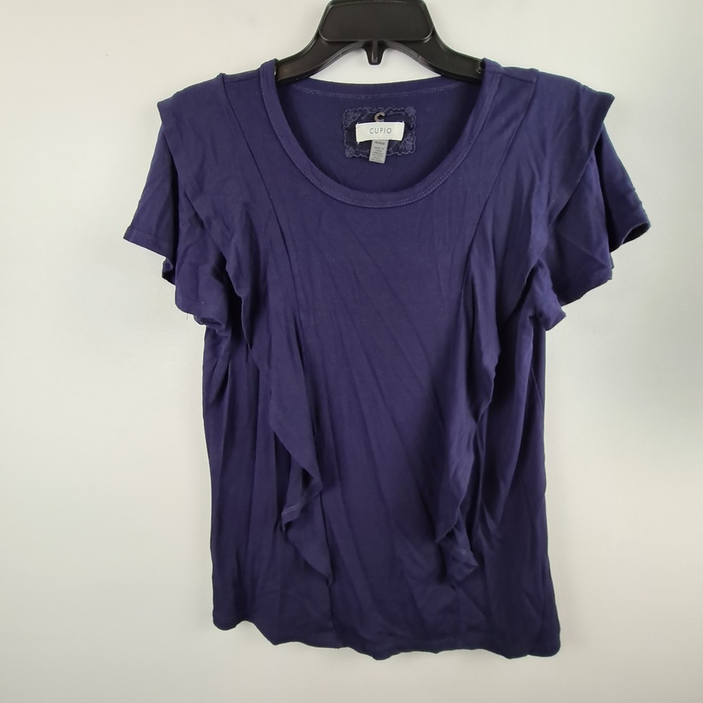 Cupio Navy Blue Ruffle Front Short Sleeve Scoop Neck Viscose Blend Top Medium